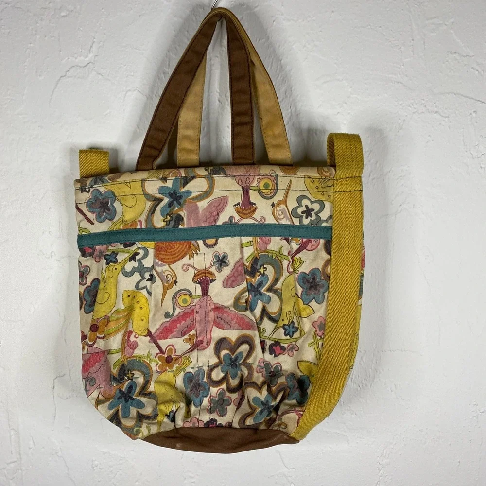 Vintage Y2K Lucky Brand Bag Canvas Tote Shoulder Cotton Floral Hippie 70s Groovy